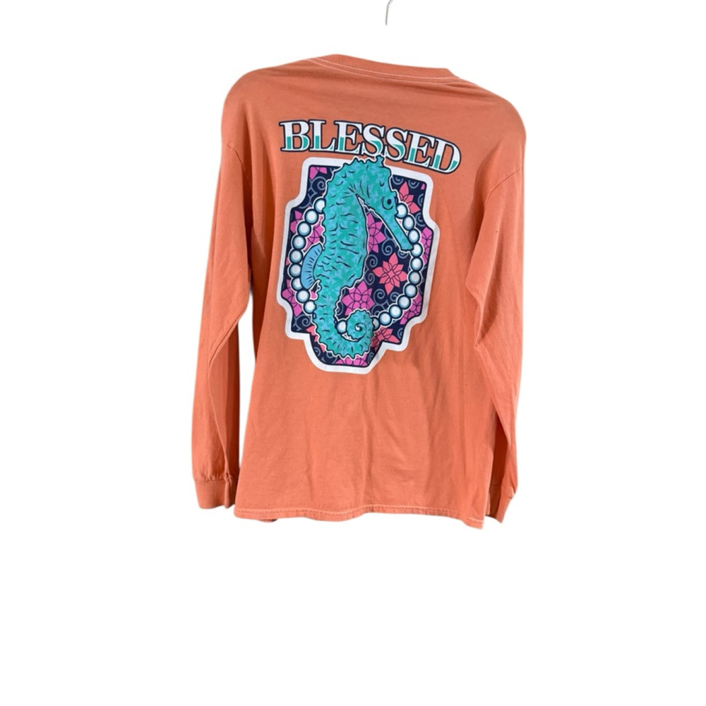 Women's Benny & Belle Long Sleeve Tee M Orange Blue Seahorse - Picture 8 of 8